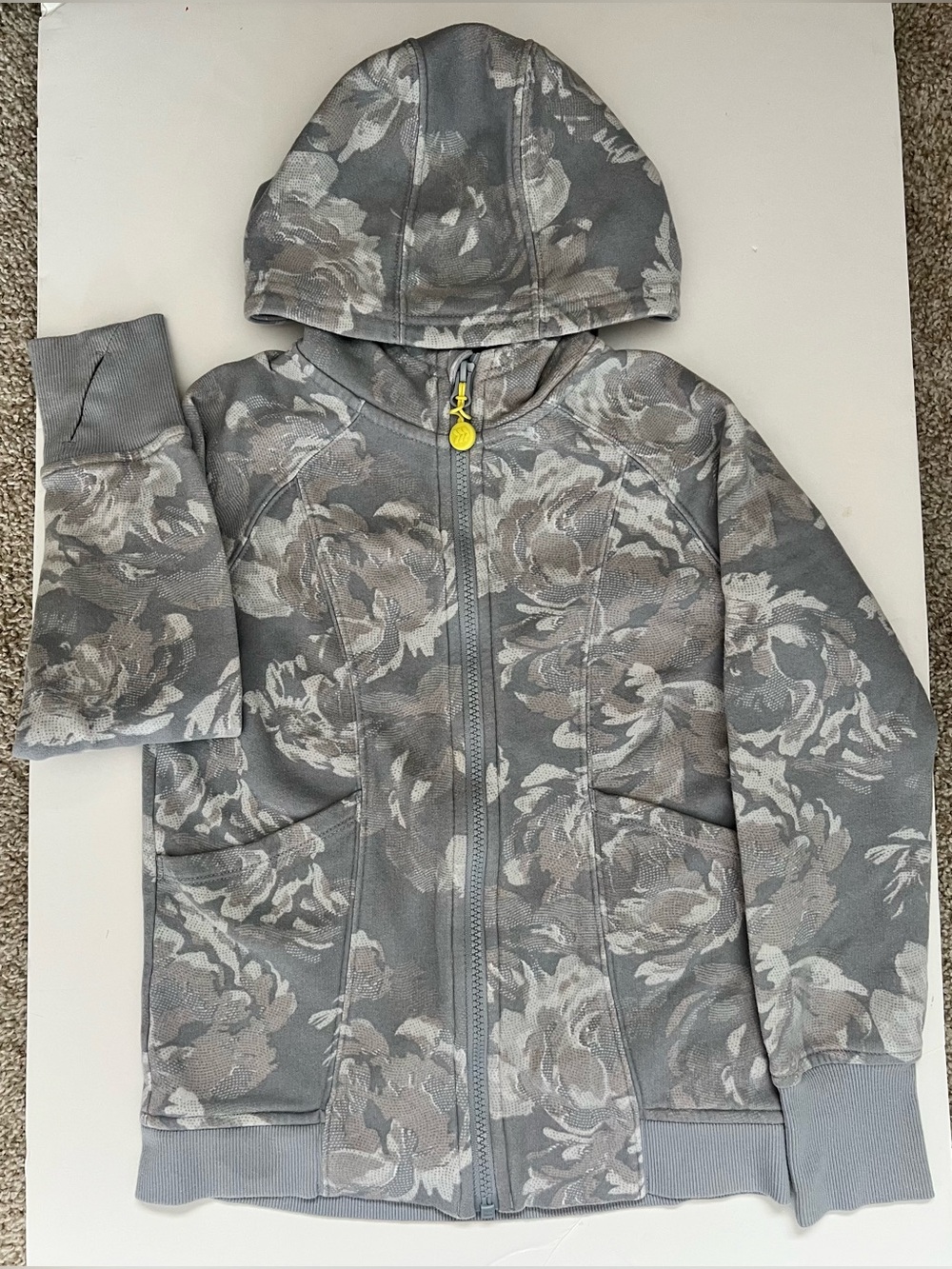 Girls All in Motion Grey Floral Zip Up Hoodie With Thumb Slits.